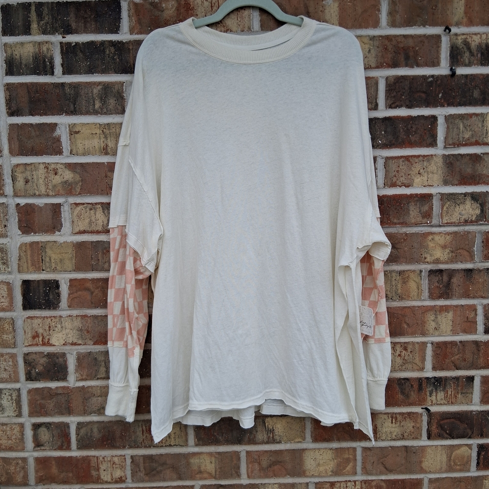 We The Free Cream Long Sleeve Tee with Pink Checker Sleeves